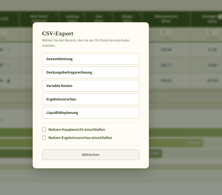 Der Dialog CSV-Export mit den fünf Bereichen und den beiden Häkchen für die Notizen.