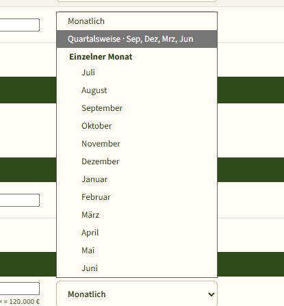 Die aufgeklappte Terminauswahl einer Position mit den Einträgen Monatlich, Quartalsweise und den zwölf einzelnen Monaten.