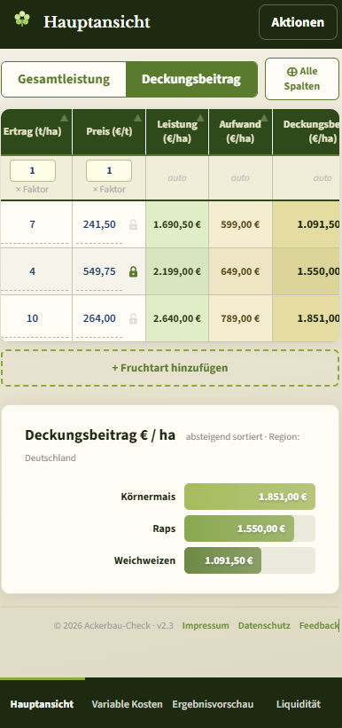 Die Hauptansicht auf einem Smartphone mit seitlich scrollender Tabelle, dem Knopf Aktionen oben rechts und der Modulleiste am unteren Rand.