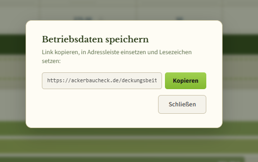 Der Dialog Betriebsdaten speichern mit dem erzeugten Link und der Schaltfläche Kopieren.