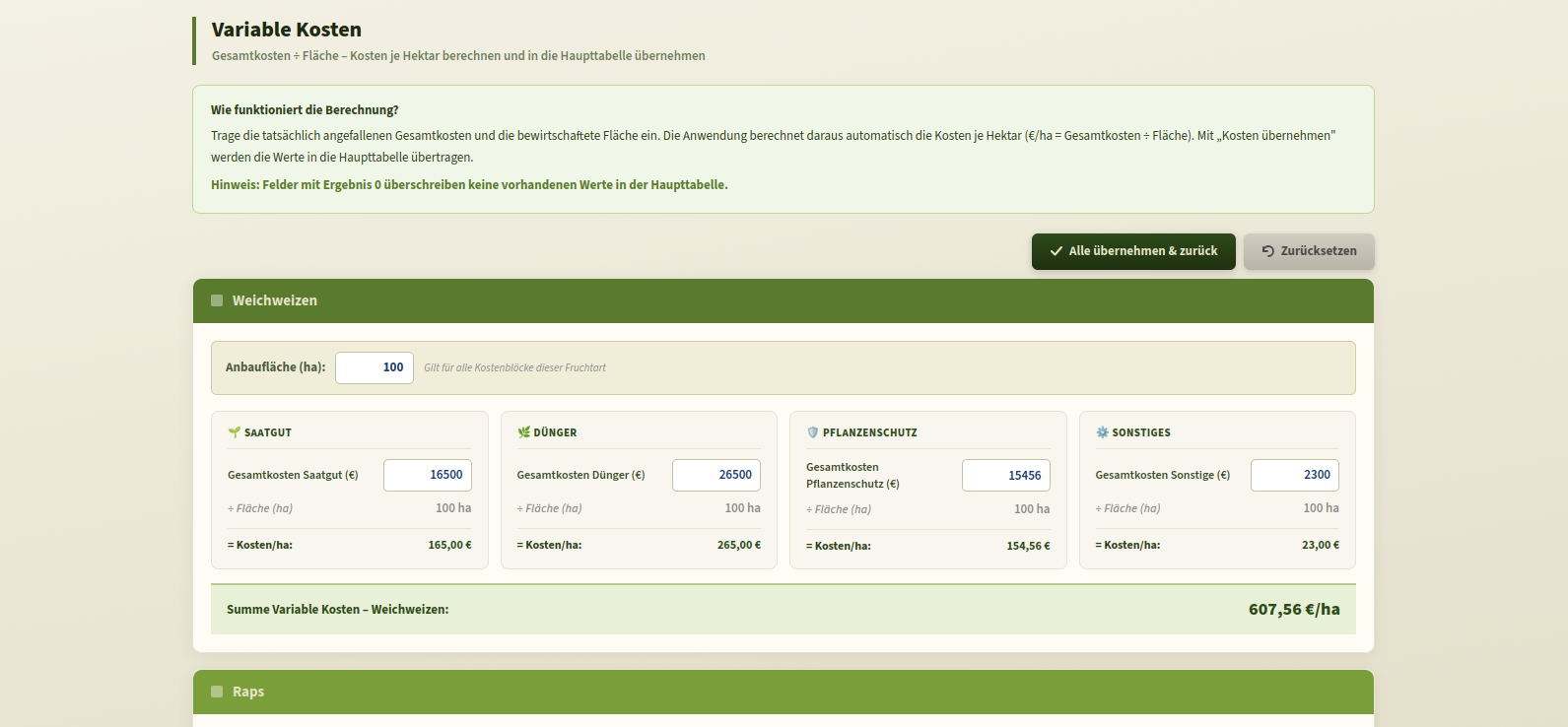 Variable Kosten je Fruchtart